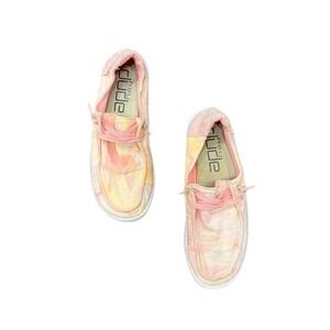 Hey Dude Wendy Tie Dye Lemon Yellow Ombre Pink Canvas Slip On Shoes Size 8